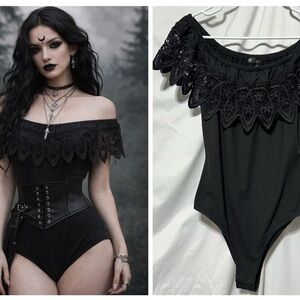 Iris L Black Off-Shoulder Lace Bodysuit | Witchy Goth | Snap Crotch